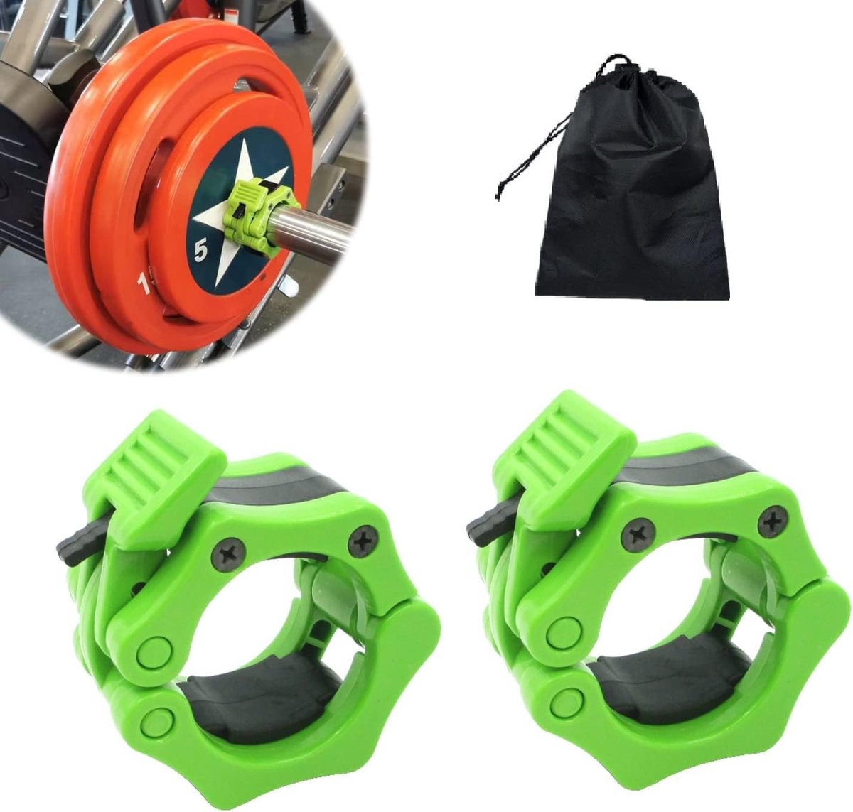 Snelle Ontgrendelbare Barbell Klemmen voor Olympische Halterstangen - 2 Inch Locking Klemmen voor Gewichtplaten, Gewichtheffen en Fitness Training - Groen