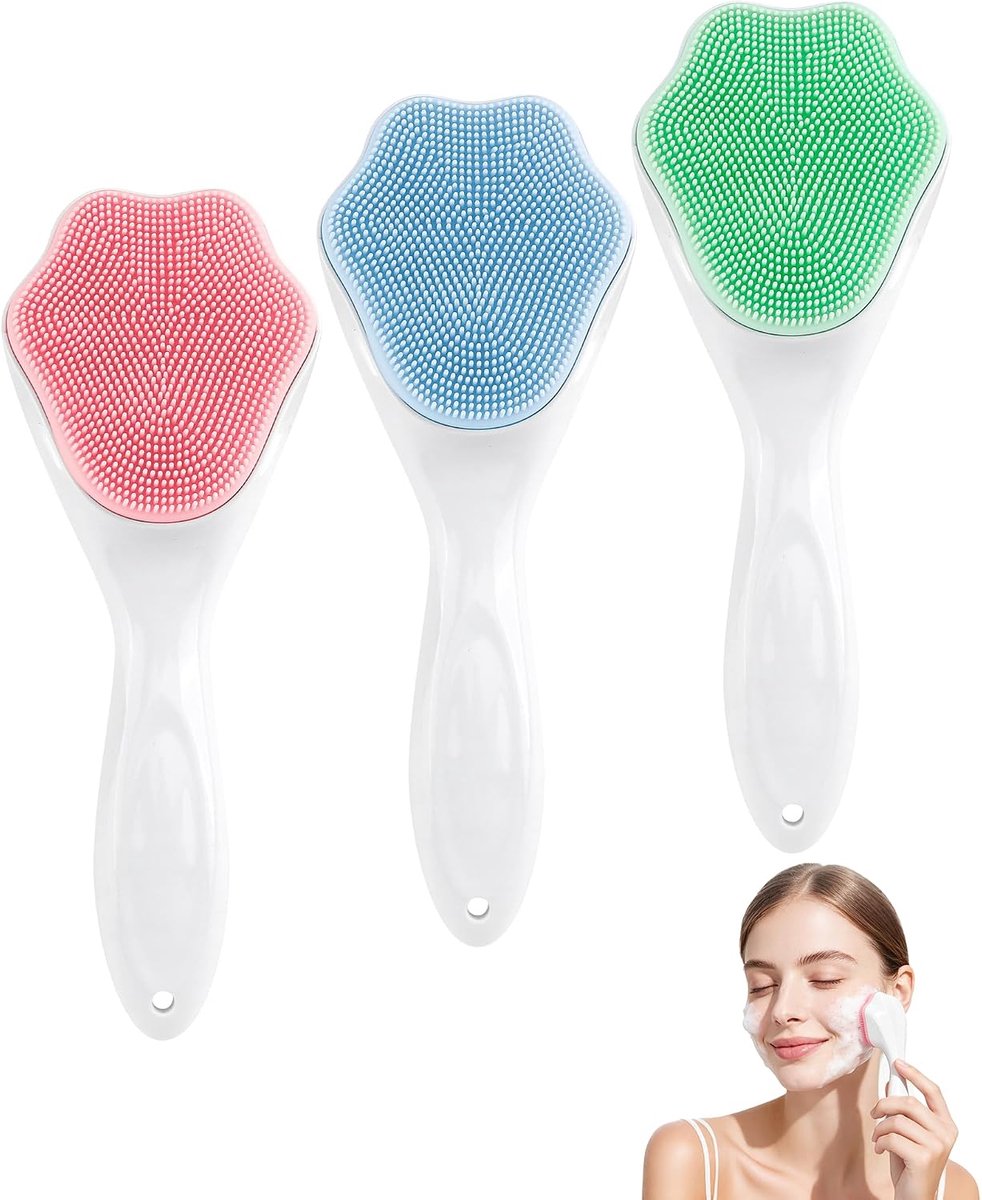Silicone gezichtsborstel 3 stuks, handmatig reinigen van poren, exfolieren, gevoelige spieren, zwarte kop verwijderen tool (roze + blauw + groen) 3 kleuren