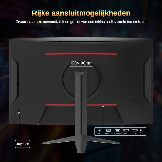 Achterkant van een gebogen KTC monitor, met joystick, DC, USB 2.0, HDMI 2.0, 2x DP 1.4 en audio-uitgang.