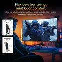 Man kijkt naar gebogen gaming monitor met soldaten op het scherm. Monitor kan -5° naar achteren en 15° naar voren gekanteld worden.