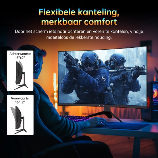 Man kijkt naar gebogen gaming monitor met soldaten op het scherm. Monitor kan -5° naar achteren en 15° naar voren gekanteld worden.