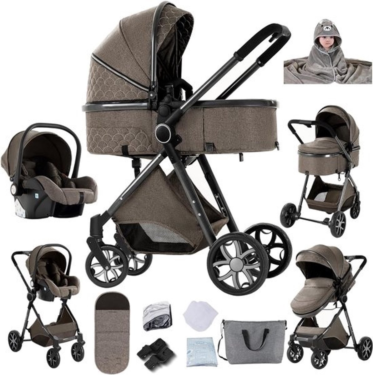 Kinderwagen 3-in-1 - Combi kinderwagen - Baby vervoer - Lichtgewicht aluminium frame - 82 x 61 x 105 cm - Chocoladebruin