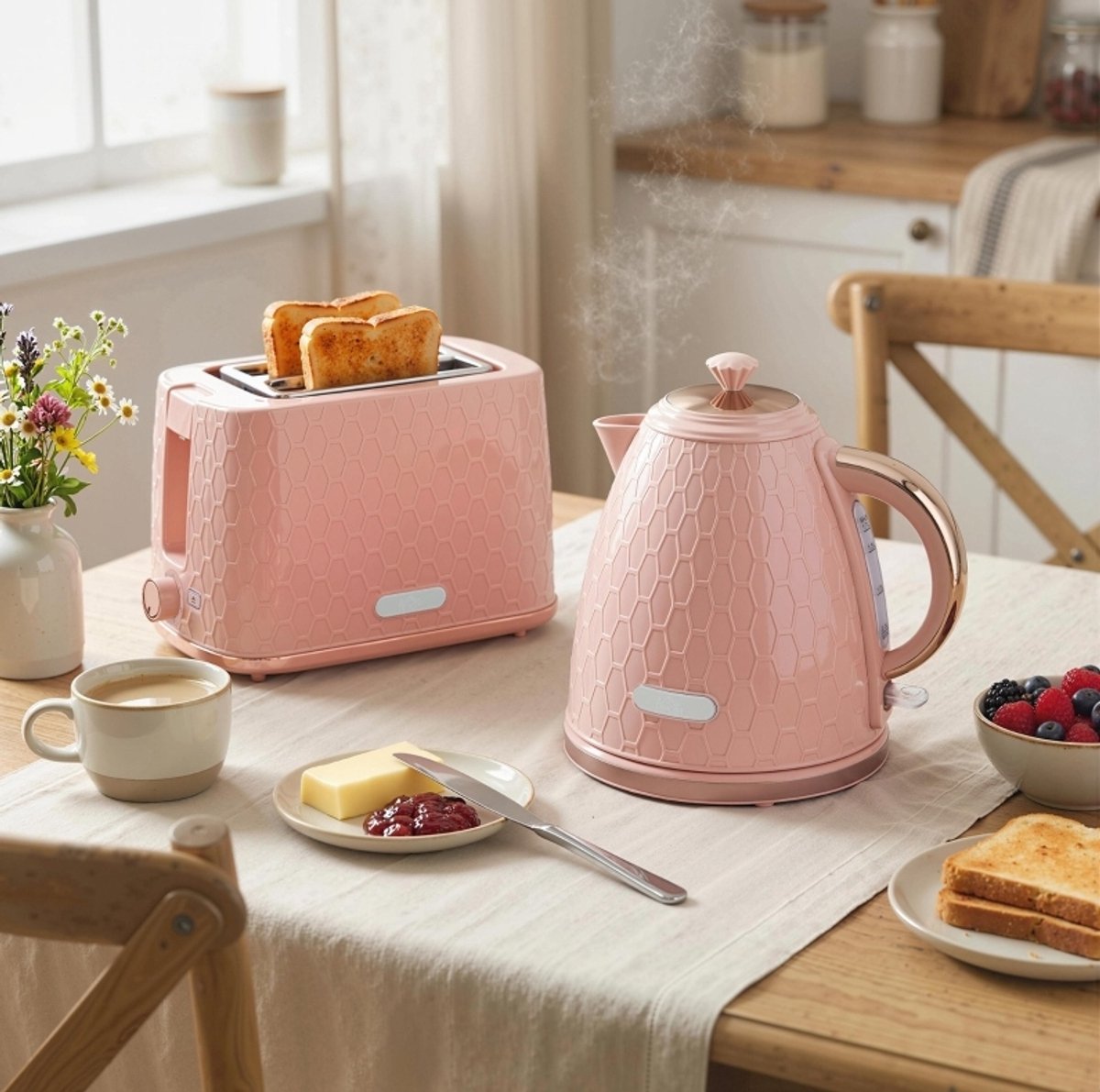 COVREO Waterkoker- en broodroosterset 1,7 L 2200 W roze kunststof - thermostaat - 2 sleuven