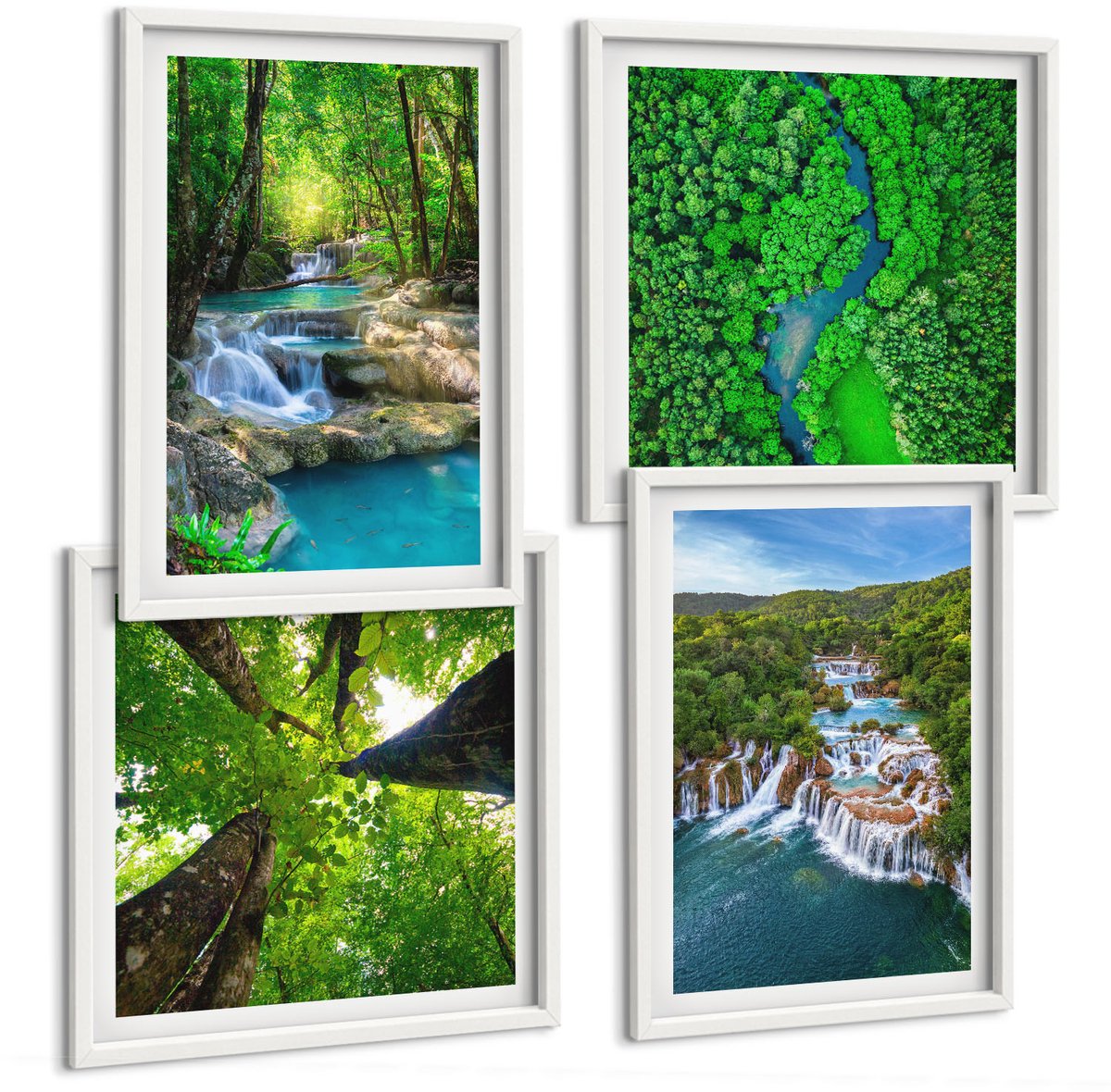 Wallfluent 4-Delige Schilderij Set - Watervallen In Een Groen Bos Met Kristalhelder Water. - 40 x 40 En 40 x 60 - Moderne Wanddecoratie - Slaapkamer - Woonkamer Decoratie
