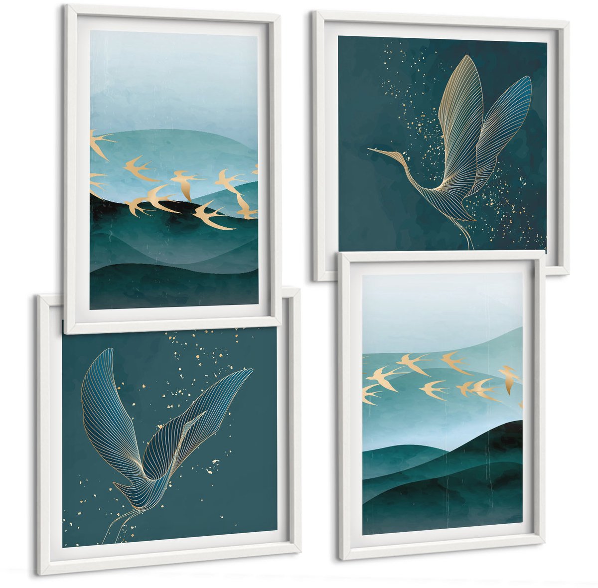 Wallfluent 4-Delige Schilderij Set - Abstracte Landschappen Met Golven En Vliegende Vogels - 40 x 40 En 40 x 60 - Wanddecoratie - Schilderijen Set - Interieur