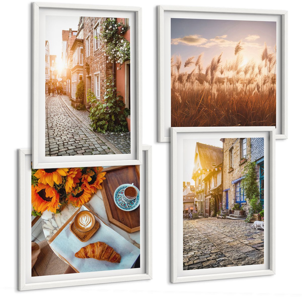 Wallfluent 4-Delige Schilderij Set - Sfeervolle Straatjes Met Koffie En Zonnebloemen - 40 x 40 En 40 x 60 - Wanddecoratie - Woonkamer Decoratie