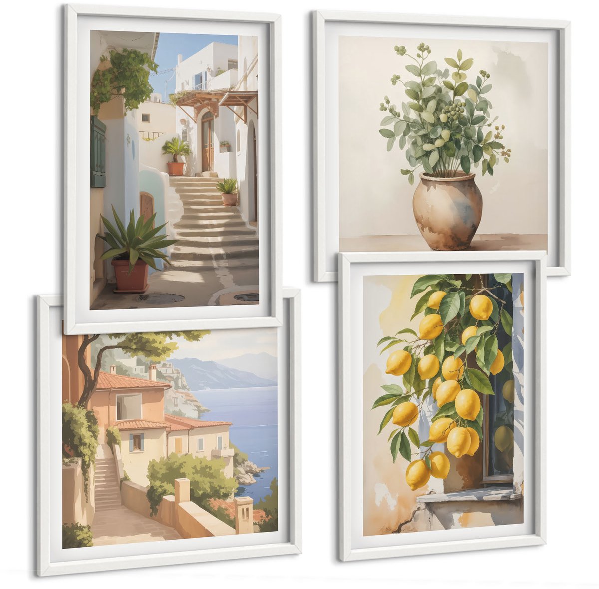 Wallfluent 4-Delige Schilderij Set - Potplanten En Citroenen Tegen De Achtergrond Van Een Straat. - 40 x 40 En 40 x 60 - Stijlvolle Muurdecoratie - Kantoor