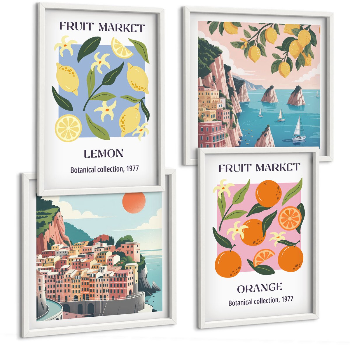 Wallfluent 4-Delige Schilderij Set - Fruitposters Met Citroenen, Sinaasappels En Italiaanse Landschappen. - 40 x 40 En 40 x 60 - Wanddecoratie - Schilderijen Set - Kantoor - Moderne Wanddecoratie