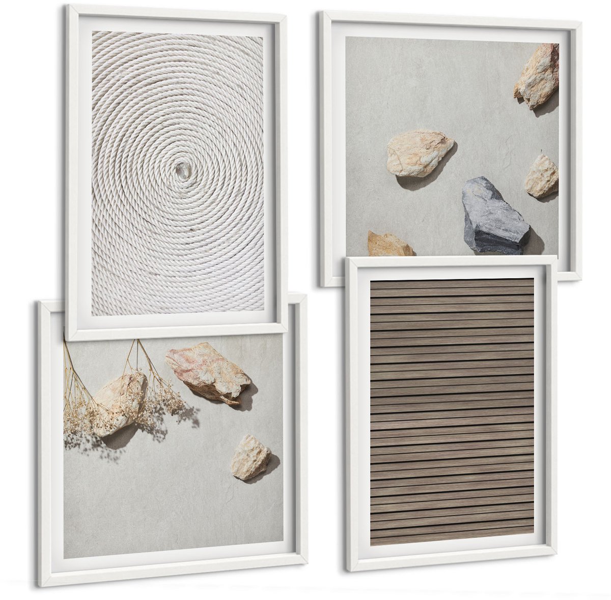 Wallfluent 4-Delige Schilderij Set - Natuurlijke Texturen: Hout, Stenen, Touw - 40 x 40 En 40 x 60 - Muurdecoratie - Decoratieve Schilderijen - Wohnzimmer - Wanddecoratie