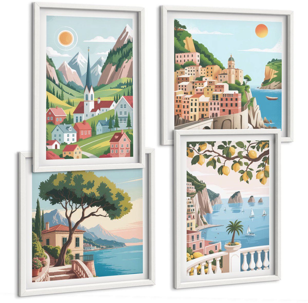 Wallfluent 4-Delige Schilderij Set - Schilderachtige Landschappen Met Zee En Citrusvruchten - 40 x 40 En 40 x 60 - Stijlvolle Muurdecoratie - Kantoor - Decoratieve Schilderijen