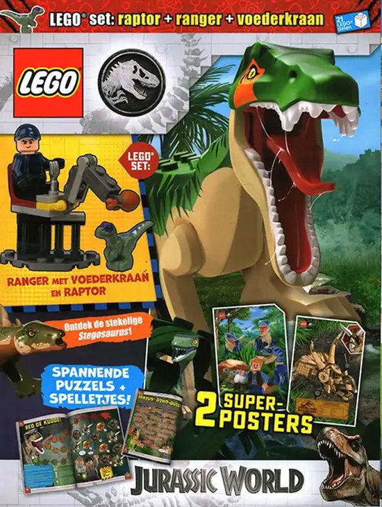LEGO Jurassic World tijdschrift met een grote groene raptor, een ranger figuur en voederkraan, plus puzzels en posters.
