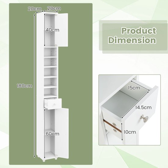 Afmetingen van de witte badkamerkast: 180 cm hoog, 20 cm breed en 20 cm diep. Gedetailleerde afmetingen van de lade.
