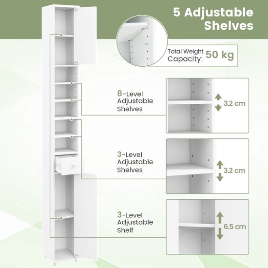 Witte badkamerkast met 8 niveaus van verstelbare planken en 3 niveaus van verstelbare planken, met een totale draagcapaciteit van 50 kg.