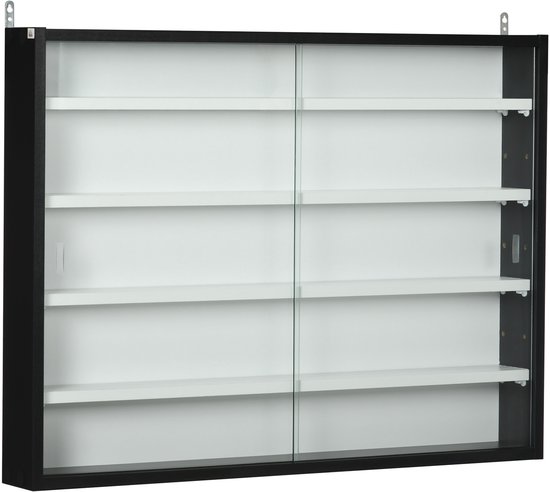 Lege zwarte vitrinekast met 4 witte schappen en dubbele glazen schuifdeuren, bevestigd aan een muur.