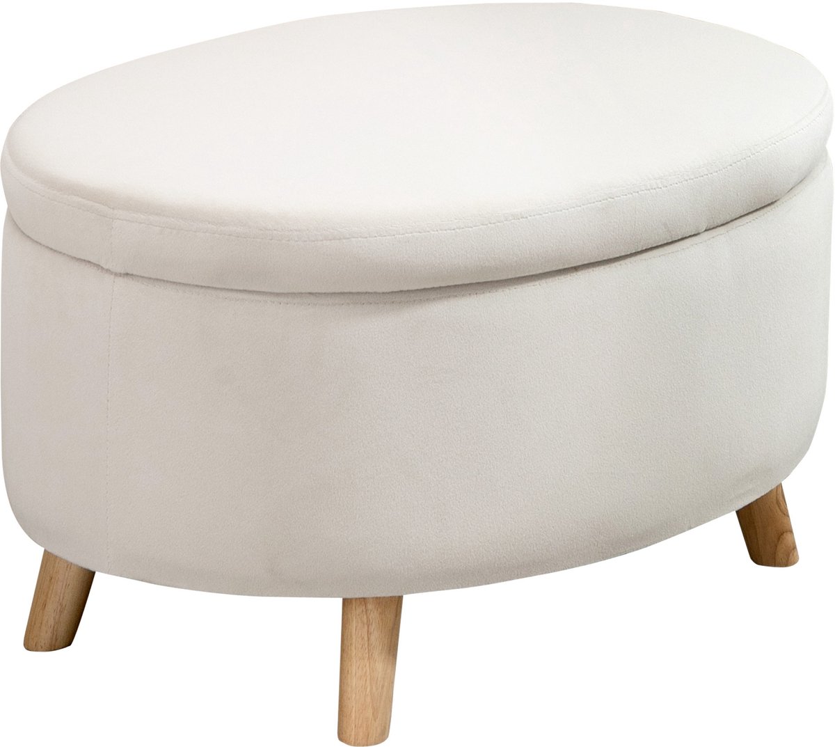 Ovale opbergpoef, opbergbank, 71x51,5x42 cm, bekleed met fluweel, met massief houten poten, draagvermogen 120 kg, voor woonkamer, slaapkamer, hal, beige