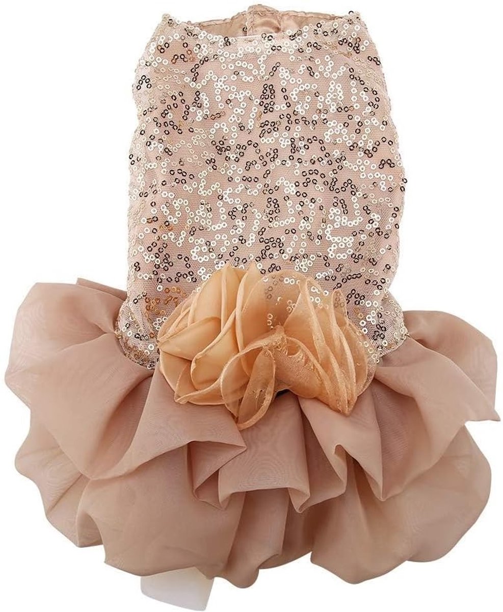 Elegante trouwjurk voor kleine honden met gouden details en glinsterende rok voor speciale gelegenheden