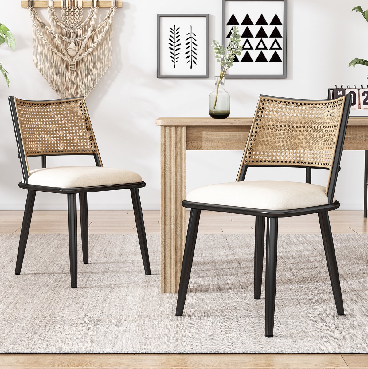 Wishdor Eetkamerstoel set van 4 - PU-zitting en rotan rugleuning - Stevige metalen uitvoering - Modern natuurlijk - Eetkamer woonkamer - Zwart - 80 x 50 x 48 cm
