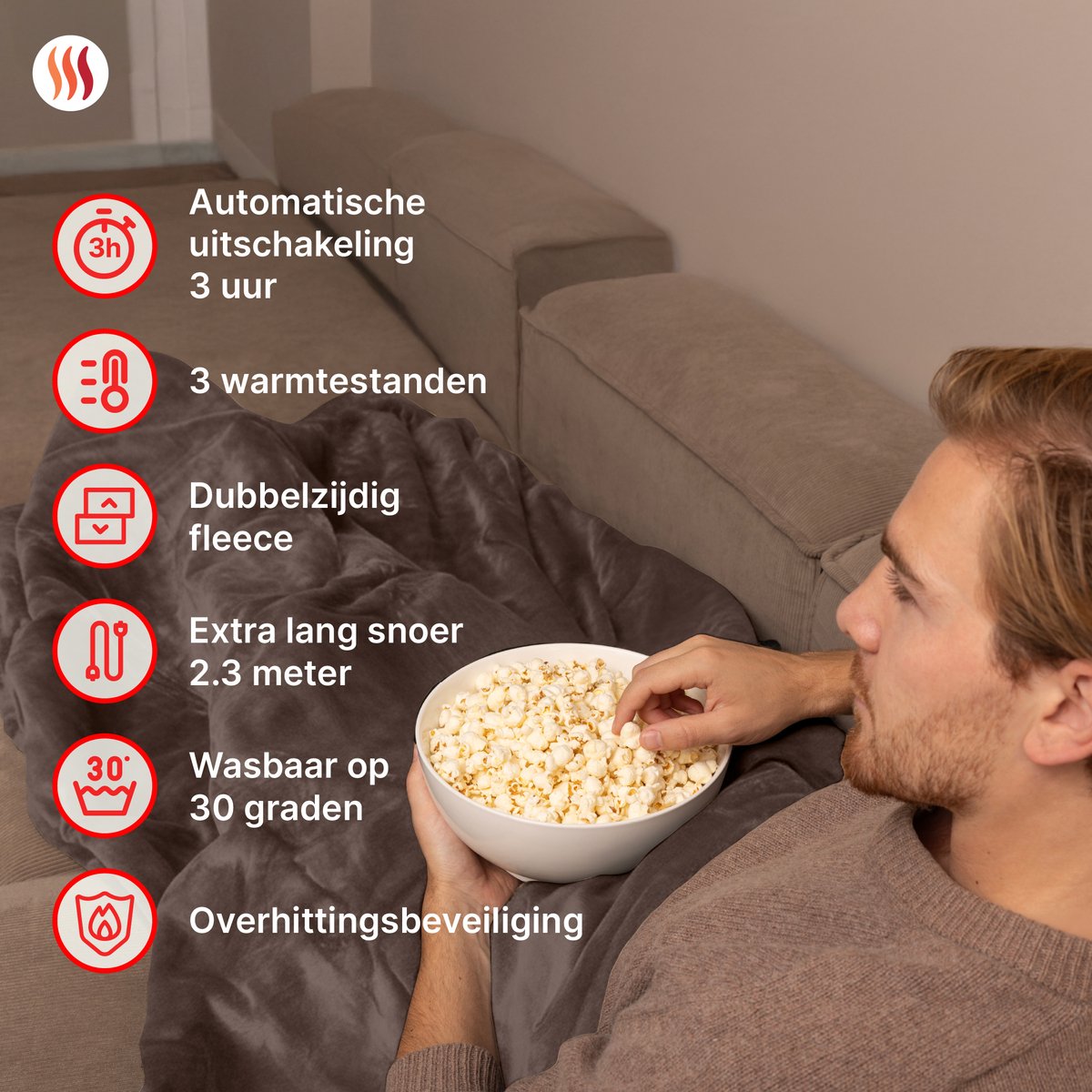Seranova Elektrische Deken - 160x120 cm - 1 Persoons Warmtedeken - Dubbelzijdig Fleece - Knuffeldeken - Kastanjebruin – foto 4