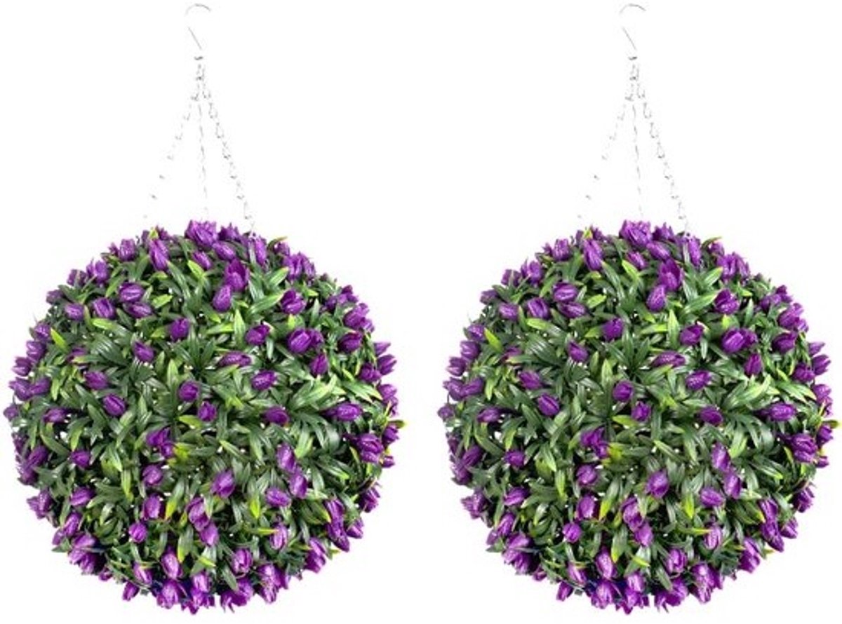 Kunst Tulpen Topiary Bol - 38cm Violet - Onderhoudsvrije Buxusbol Kunstplant