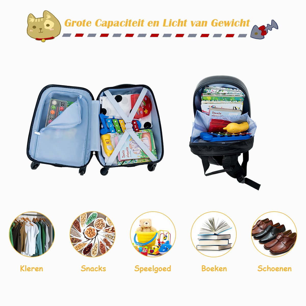 SureDeal® - Kinderkoffer - Delige Kinderreiskoffer - Rugzak Hardshell Bagage - Trolley Zwart - Zwart