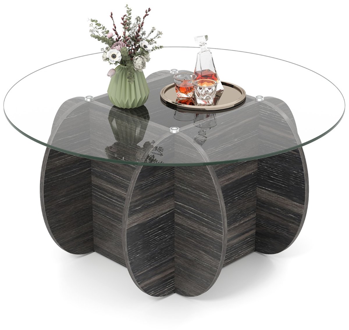 SureDeal® - Salontafel - Rond - Gehard Glasblad - Massief Houten Basis - 89x89x46 cm - Donkerbruin