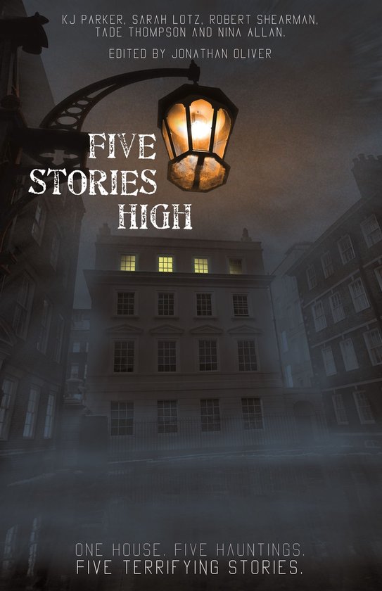 Boekcover met de titel "FIVE STORIES HIGH" in witte letters tegen een donkere, mistige achtergrond met een verlichte lantarenpaal en een herenhuis.