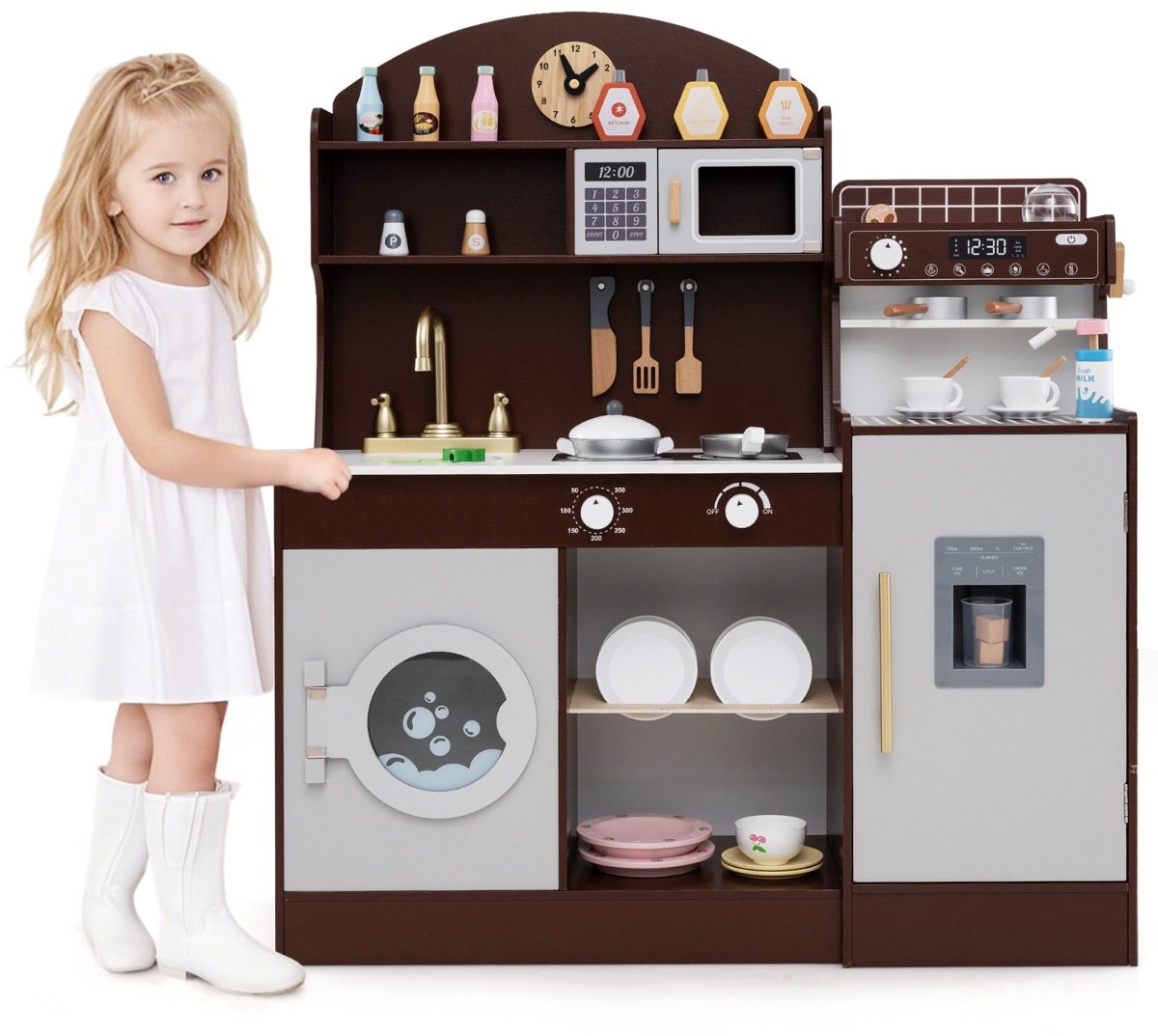 SureDeal® - Rollenspell - Kinderkeukenset Houten Keuken - Klok Magnetron Gootsteen - 106x30x105 cm - Koffiebruin