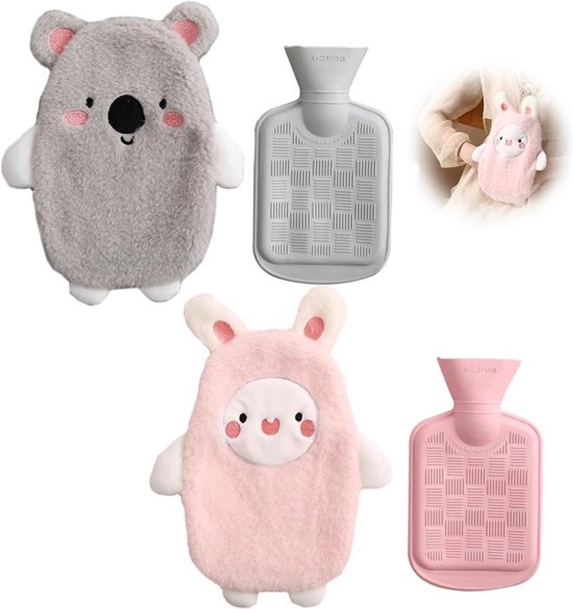 Mini warmwaterkruik 350 ml - pijnverlichting voor buik, rug en spieren - dubbel pack met imitatiebont hoes
