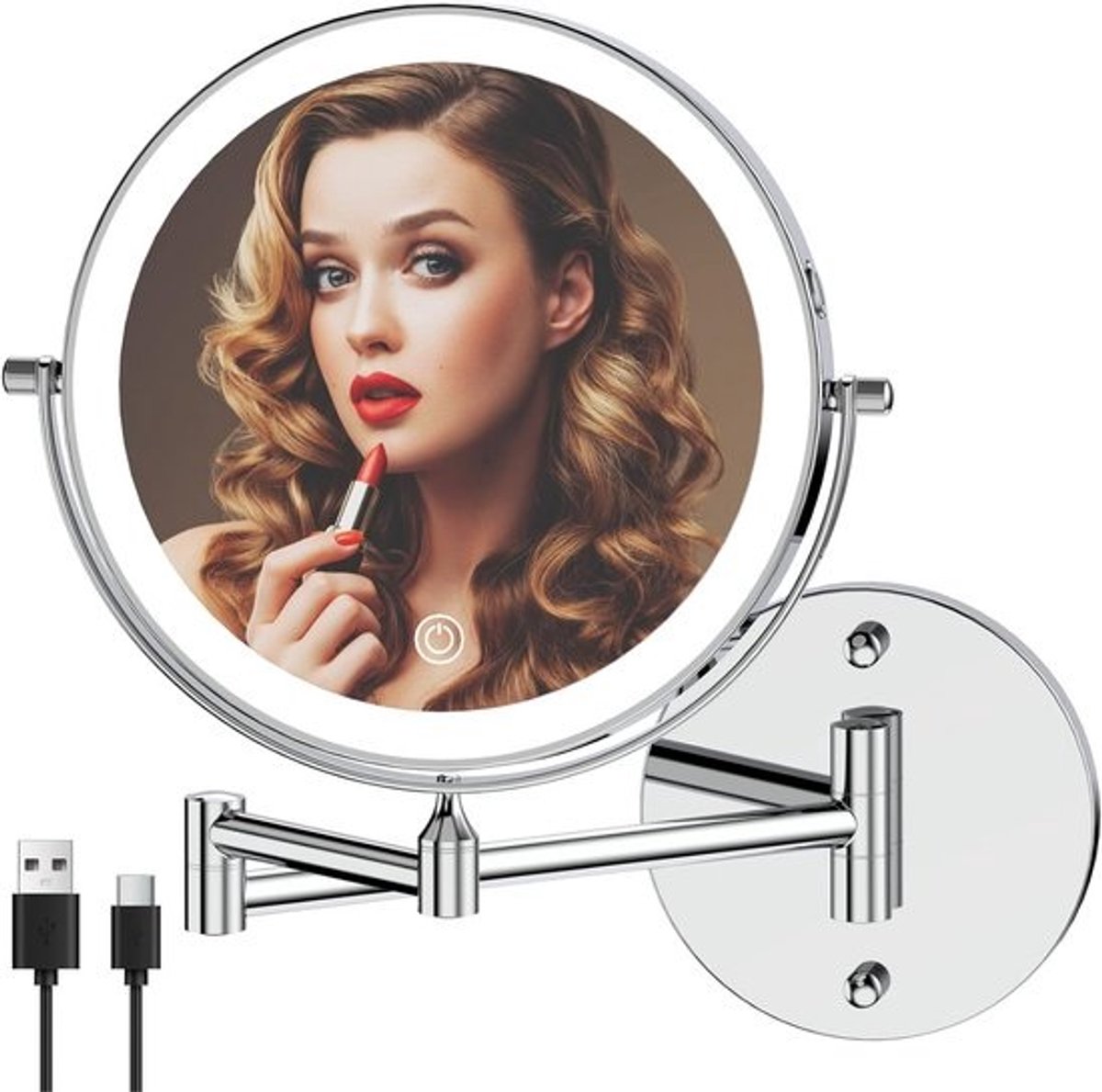 Oplaadbare Make-upspiegel 20,3 cm Wandmontage 10x Vergroting 3-Kleurige Verlichting Touch-Dimmer