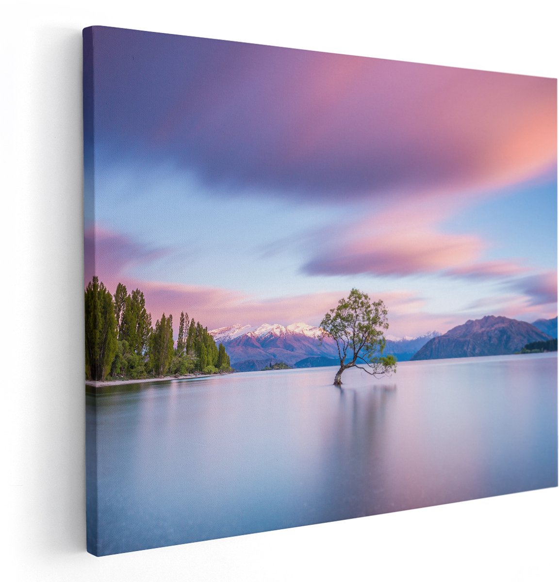 Artaza Canvas Schilderij Wanaka Boom In Het Water Bij Zonsopgang - 150x120 cm - Groot - Wanddecoratie Woonkamer - Schilderijen - Muurdecoratie