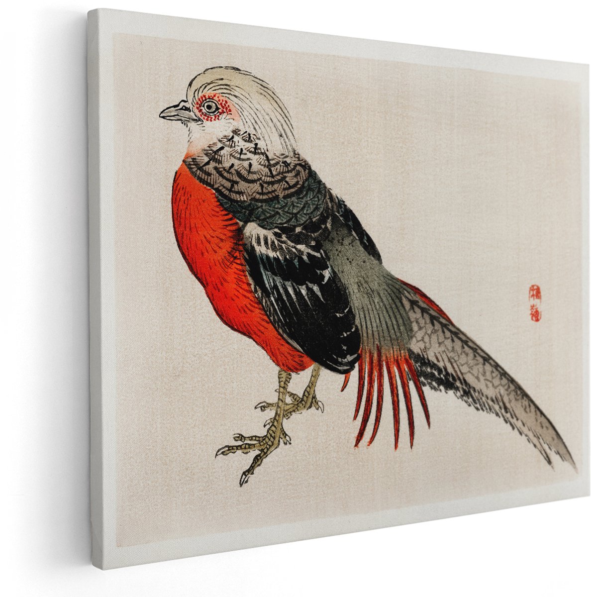 Artaza Canvas Schilderij Fazant - 150x120 cm - Groot - Wanddecoratie Vogel - Muurdecoratie Japandi - Vintage Schilderijen Op Canvas - Rood