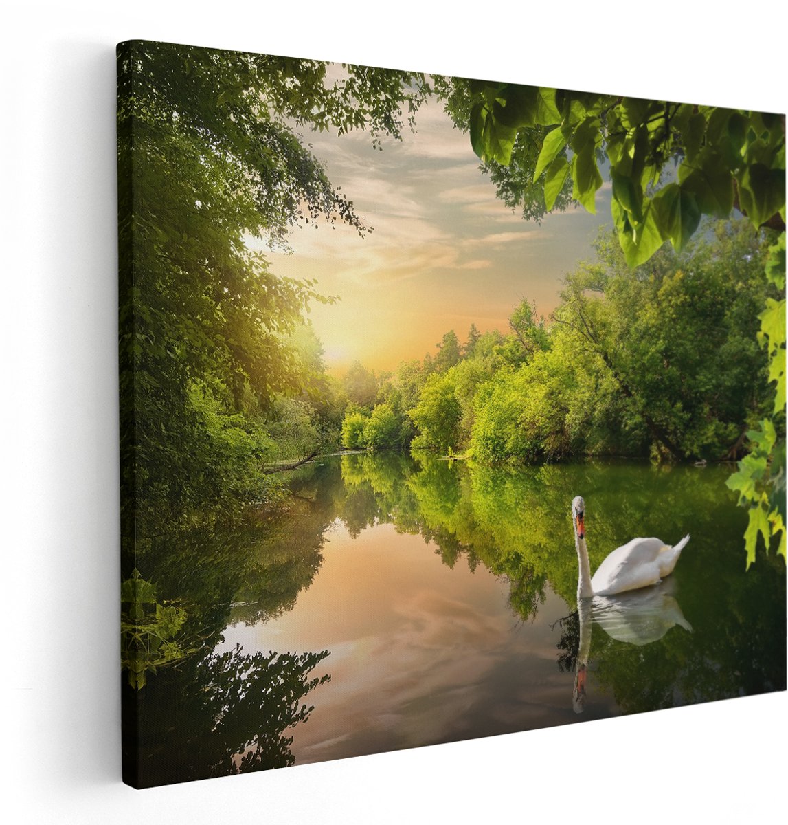 Artaza Canvas Schilderij Zwaan op het Water in het Bos - 150x120 cm - Groot - Wanddecoratie Woonkamer - Schilderijen - Muurdecoratie
