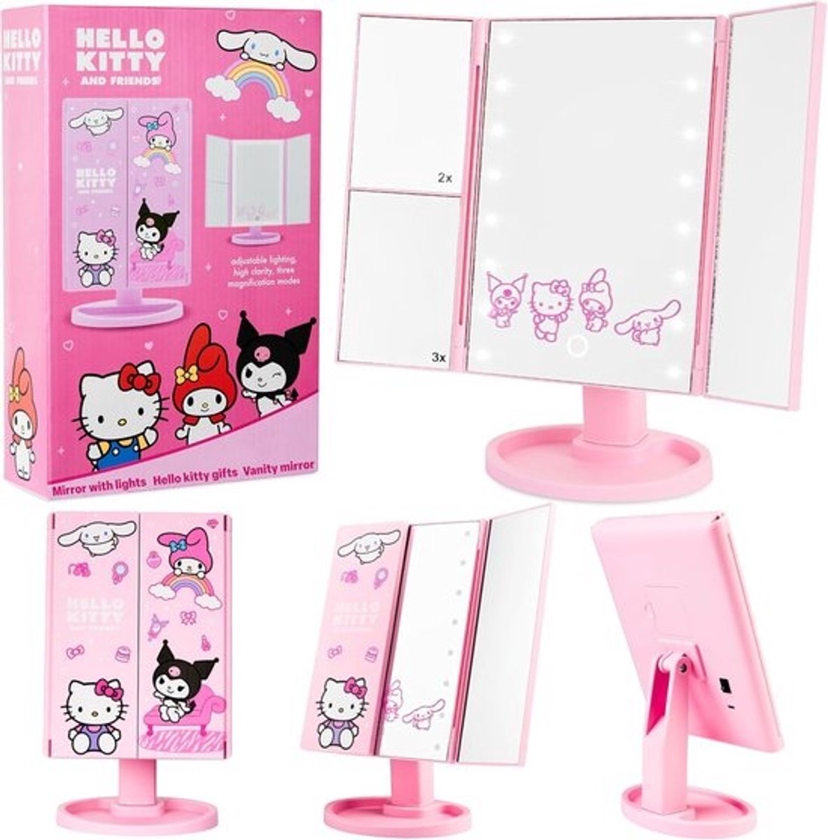 Make-upspiegel - Verlichte spiegel - Snel opmaken - Drie kleppen - 30 cm - Roze