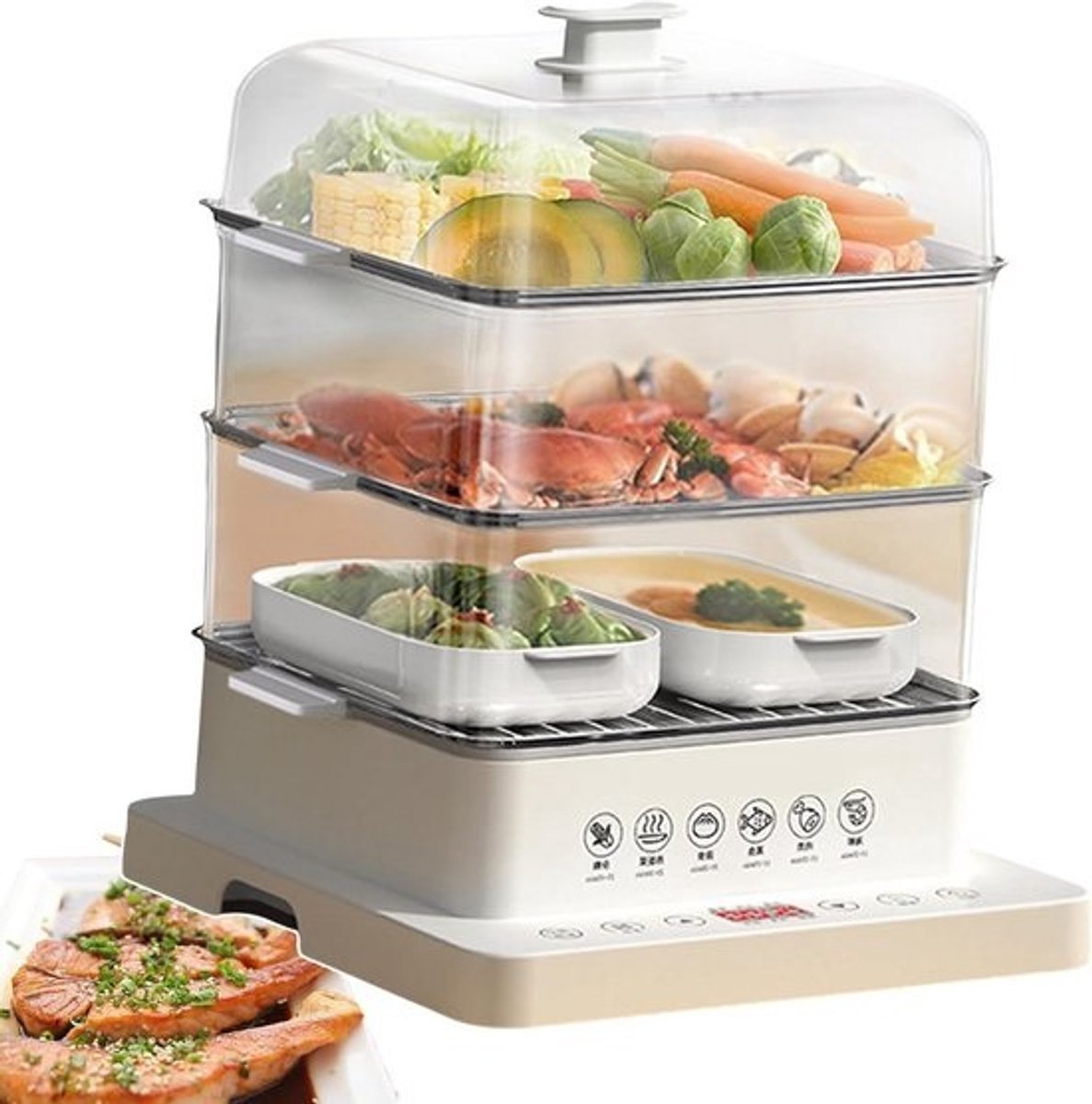 Grote Elektrische Voedselstomer 40L met 3 Lagen - 800W Multicooker met Timer en Warmhoudfunctie