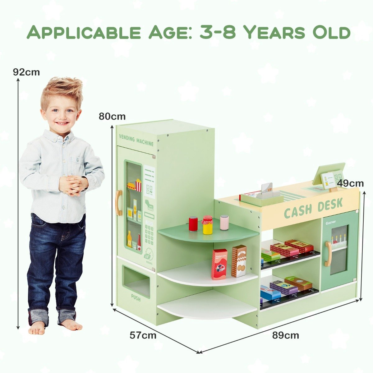 SureDeal® - Rollenspell - Kinderwinkelwinkel - Zijbalk Supermarktset - Kassa POS Machine - 89x57x80 cm - Groen
