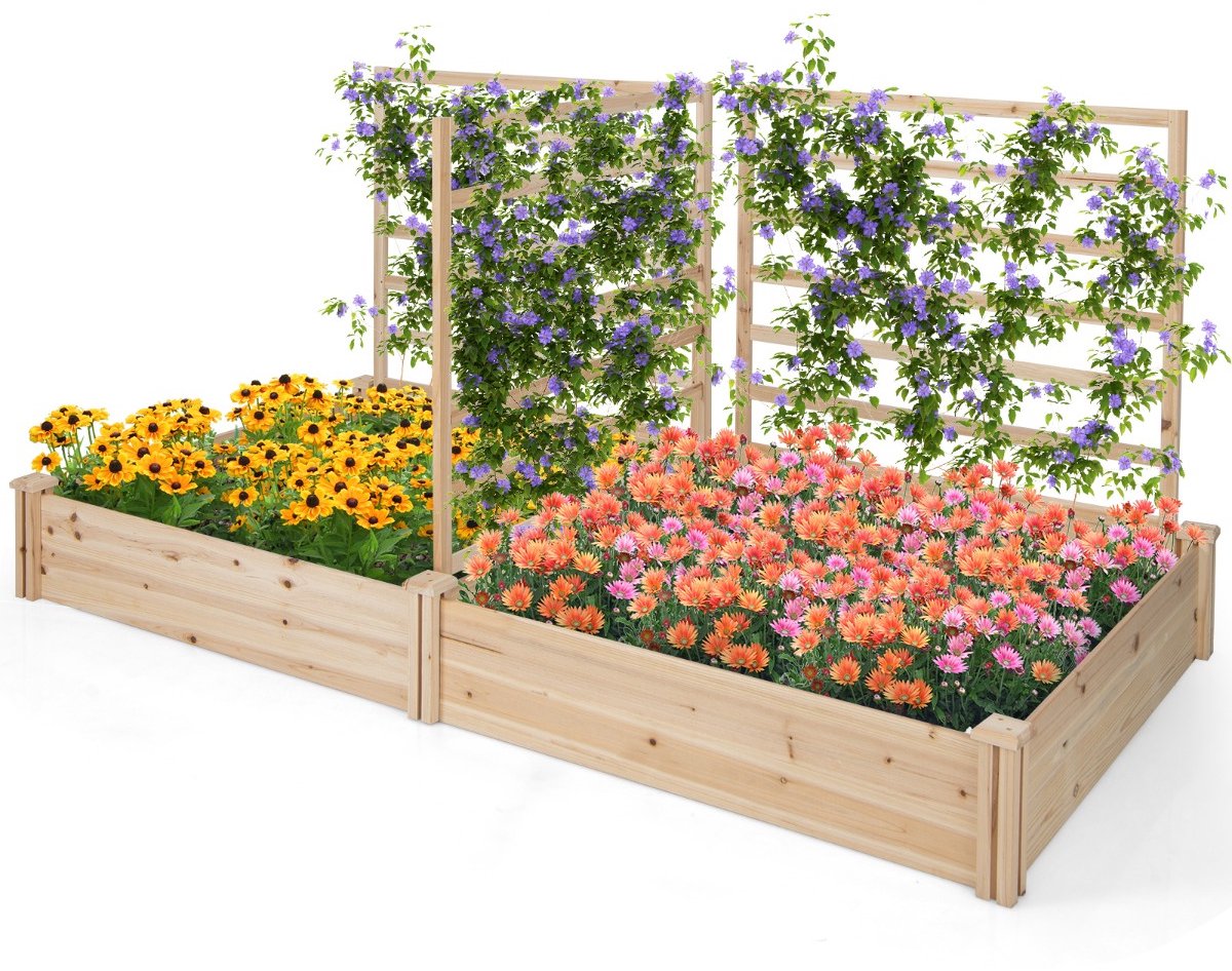 SureDeal® - Tuinier - Plantenbak - Houten Hekjes - Open Bodem Bloembakken - Buiten - Klimplanten Verhoogd Tuinbed - 222x114x110 cm - Naturel