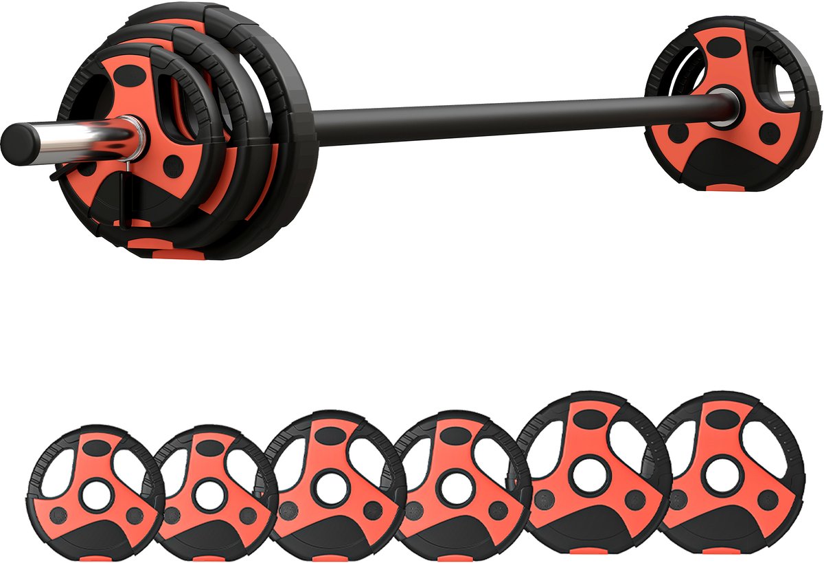 Halterset 20 kg - incl. 6 gewichtsschijven - 2 x 5 kg - 2 x 2 - 5 kg - 2 x 1 - 25 kg - antislipstang - zwart+rood