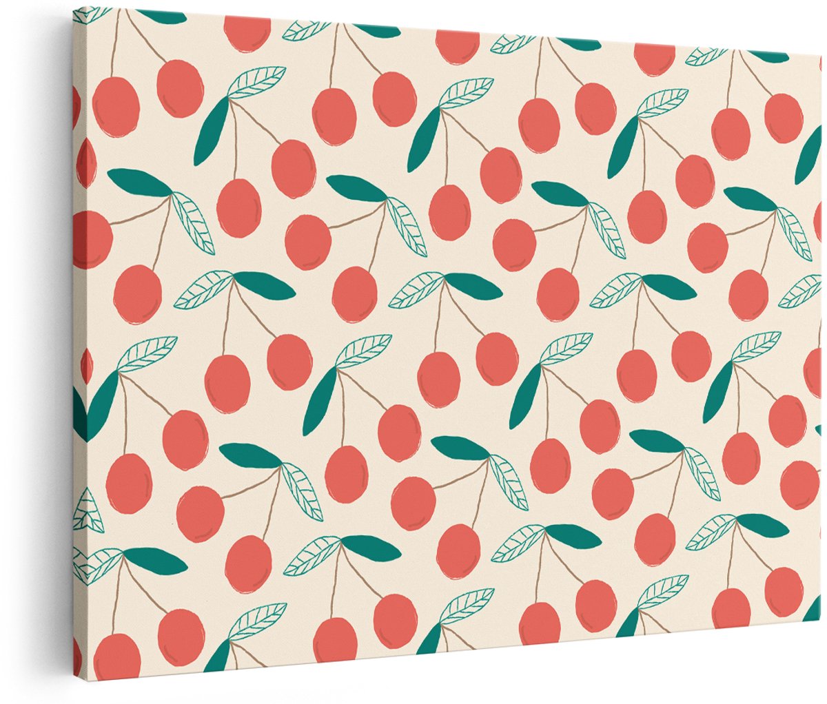 Artaza Canvas Schilderij Kersen - 150x100 cm - Groot - Wanddecoratie Fruit Patroon - Muurdecoratie Retro Keuken - Decoratie Botanisch Rood