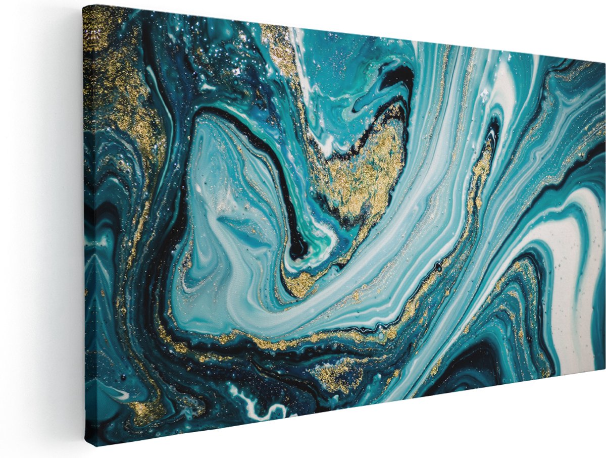 Artaza Canvas Schilderij Abstracte Luxe Kunst in het Blauw met Goud - 140x70 cm - Groot - Wanddecoratie Woonkamer - Schilderijen - Muurdecoratie