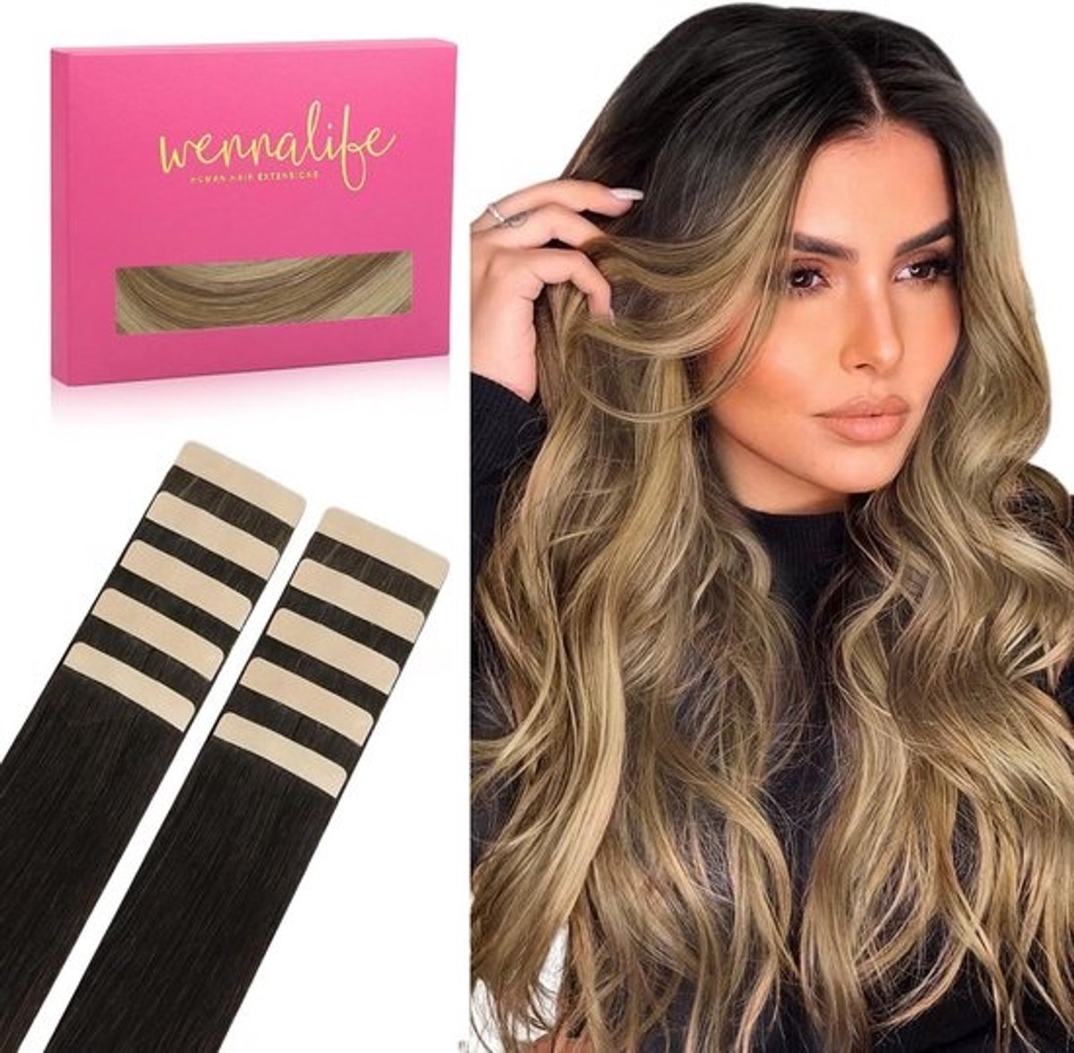 Onzichtbare Tape-in Extensions Echt Haar 25 cm - 10 Stuks - Donkerbruin met Highlights
