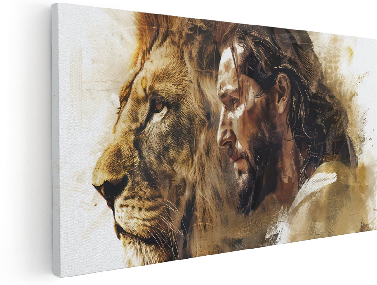 Artaza Canvas Schilderij Jezus - 140x70 cm - Groot - Wanddecoratie Leeuw - Muurdecoratie Christelijk Portret - Decoratie Art - Kamer Accessoires