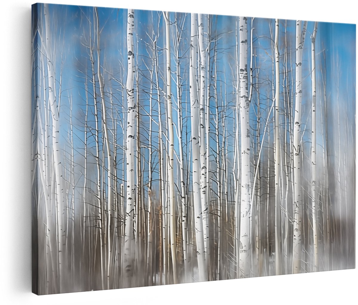 Artaza Canvas Schilderij Wazig Beeld van Witte Berkenbomen in de Sneeuw - Landschap - 150x100 cm - Groot - Wanddecoratie Woonkamer - Schilderijen - Muurdecoratie