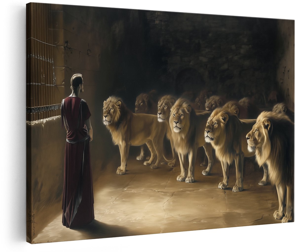 Artaza Canvas Schilderij Man voor een Groep Leeuwen - Dieren - 150x100 cm - Groot - Wanddecoratie Woonkamer - Schilderijen - Muurdecoratie