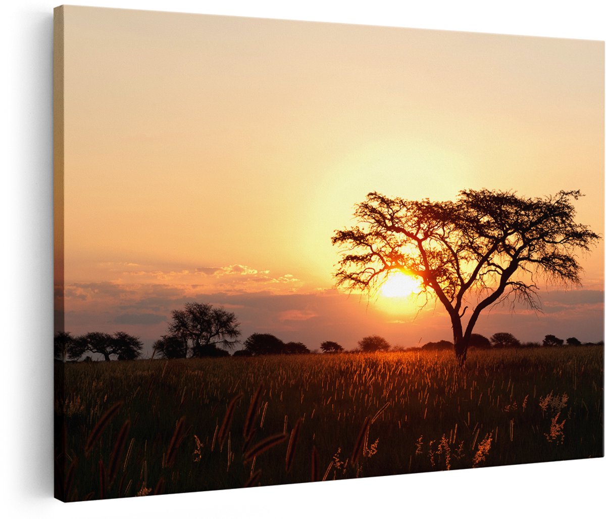 Artaza Canvas Schilderij Zonsondergang Achter Een Acacia Boom - 150x100 cm - Groot - Wanddecoratie Woonkamer - Schilderijen - Muurdecoratie