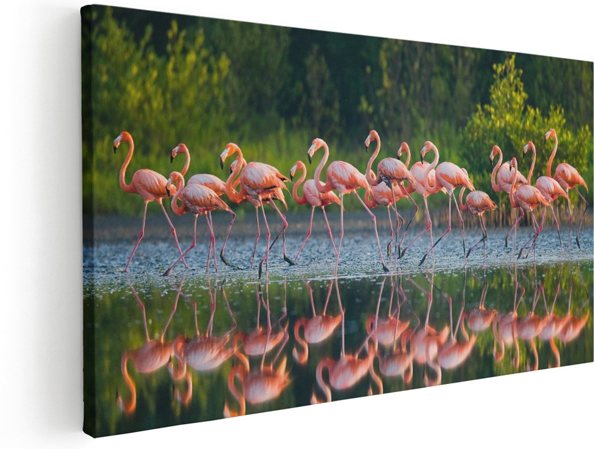 Artaza Canvas Schilderij Kudde Flamingo's op het Water - 140x70 cm - Groot - Wanddecoratie Woonkamer - Schilderijen - Muurdecoratie