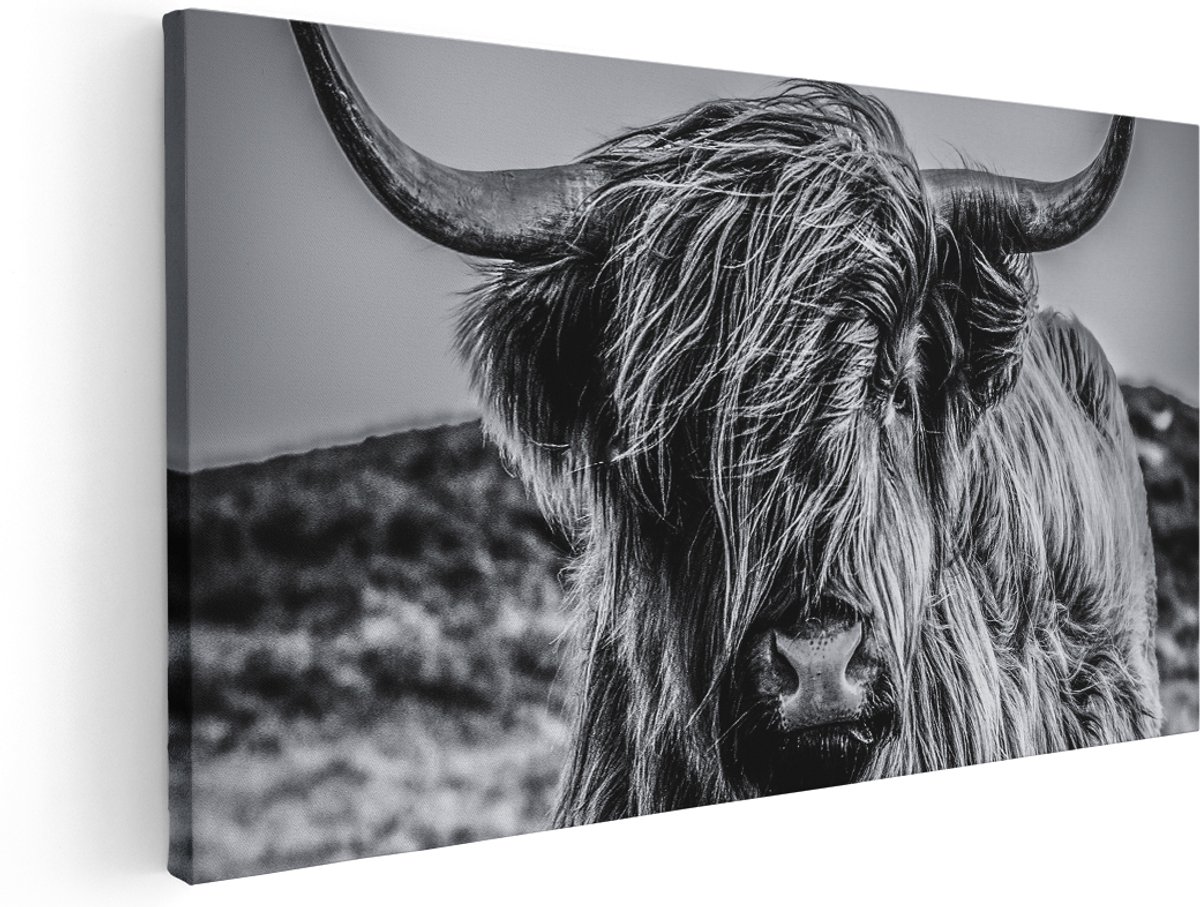 Artaza Canvas Schilderij Schotse Hooglander Koe - Zwart Wit - 140x70 cm - Groot - Wanddecoratie Woonkamer - Schilderijen - Muurdecoratie