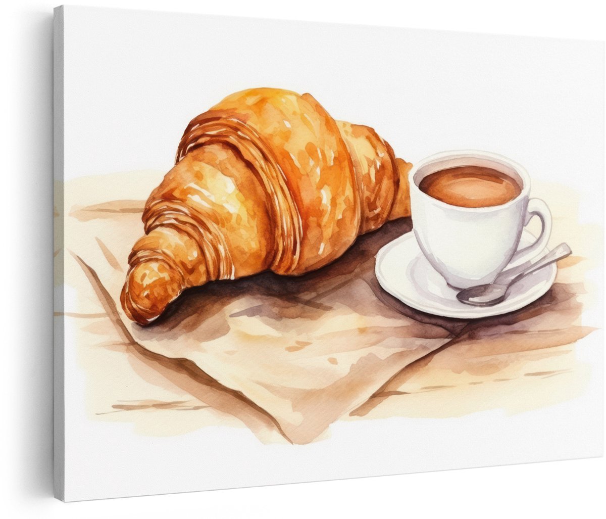 Artaza Canvas Schilderij Koffie - 150x100 cm - Groot - Wanddecoratie Croissant - Muurdecoratie Keuken - Decoratie Aquarel Ontbijt
