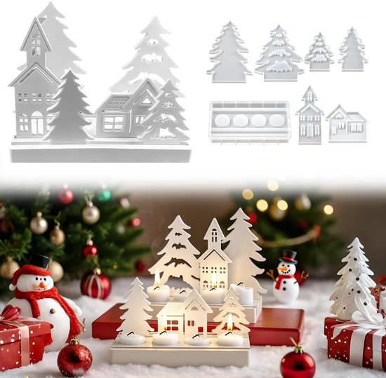 Collage van mallen met kersthuizen en -bomen en een kersttafereel met verlichte tealights, huisjes, kerstbomen en sneeuw.