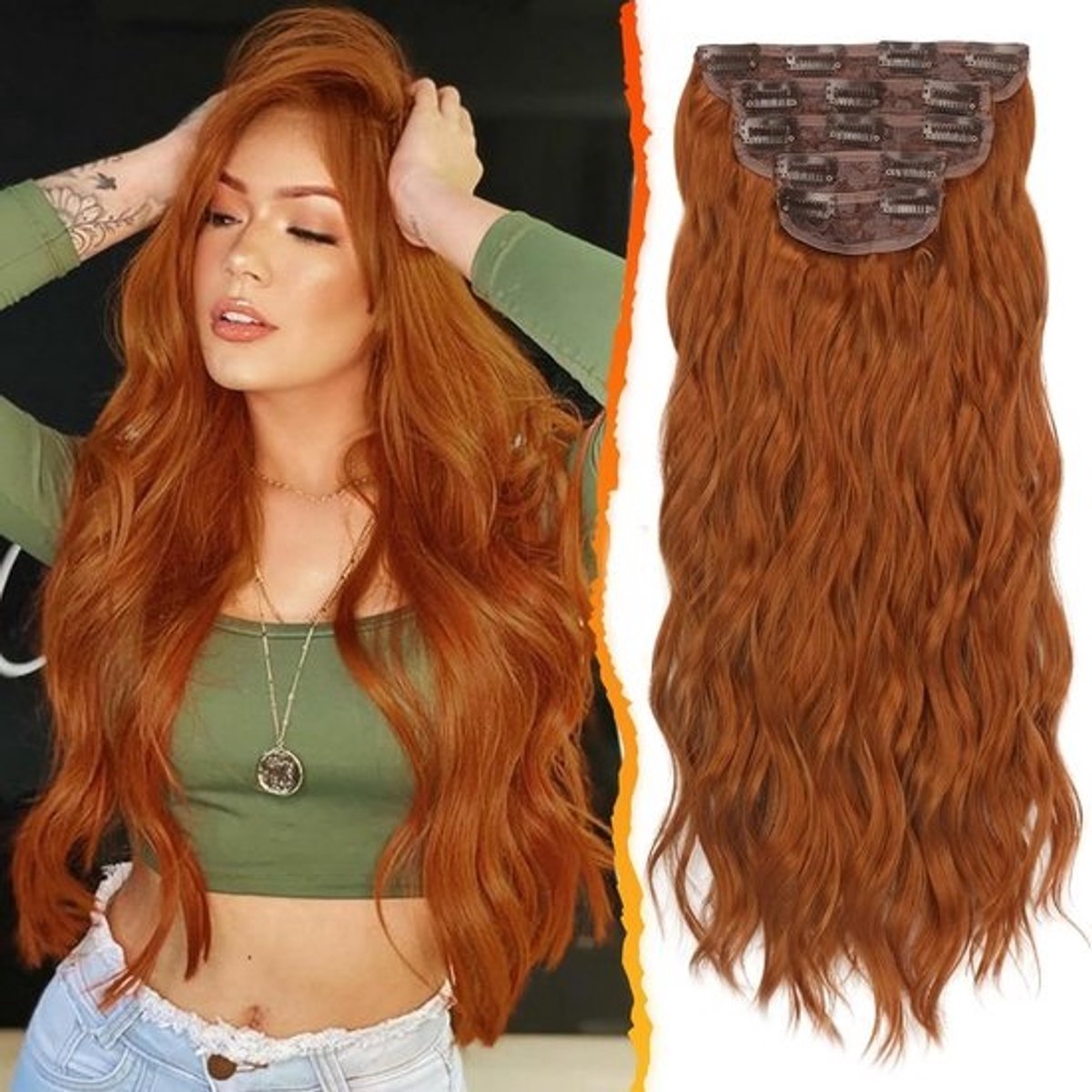 Synthetische Clip-in Haarextensions 50cm Golvend Dik Volume Direct Resultaat