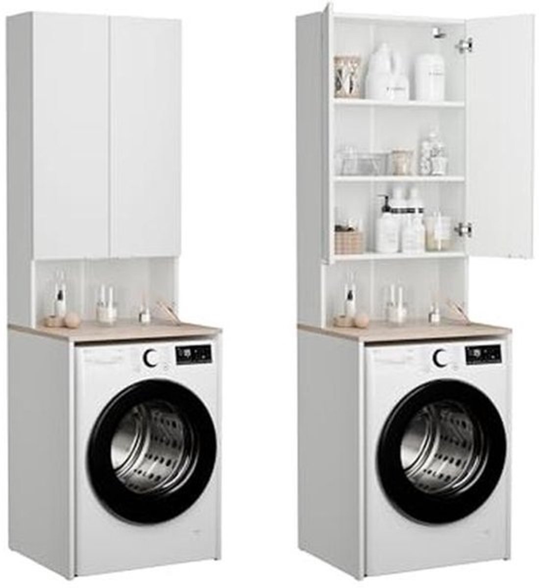 Wasmachinekast voor Badkamer of Keuken - Hoge Kast met Bovenbouw voor Wasmachine en Wasdroger - Wit en Eiken - 210 x 65 x 50/25 cm